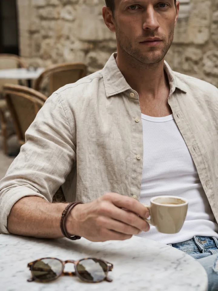 Close-up of the linen overshirt and beaded bracelet as the model holds an espresso