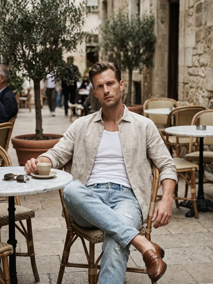 The linen overshirt, white tee and light denim worn by a model at a café terrace