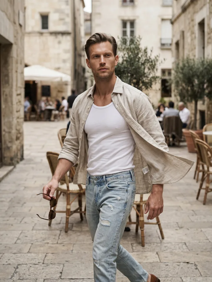 The model walking away from the terrace in the linen overshirt and light denim